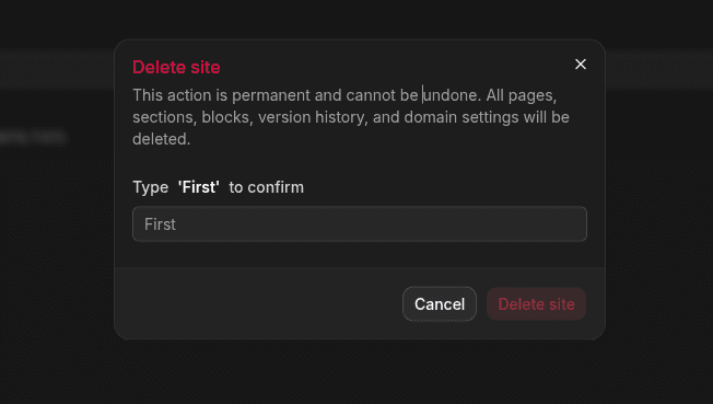 Delete Site Confirmation Dialog