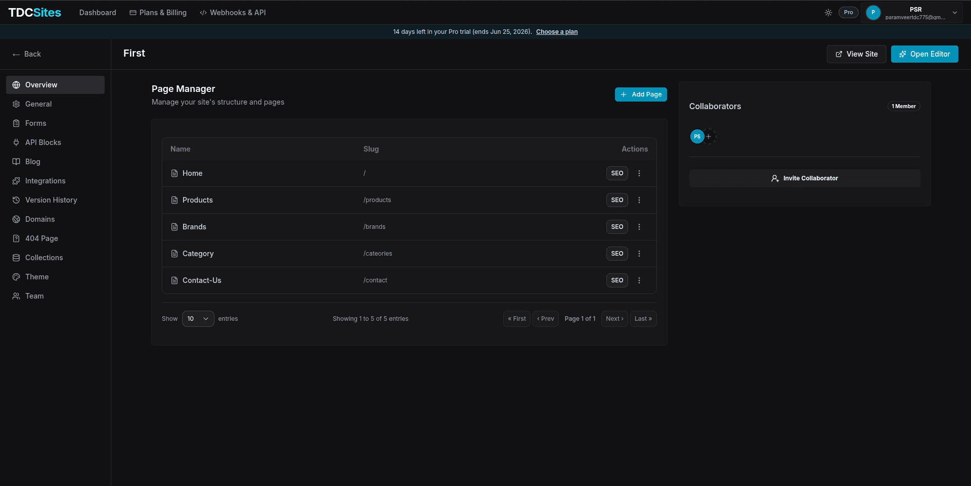 Site management page — Overview tab with Page Manager and Collaborators panel