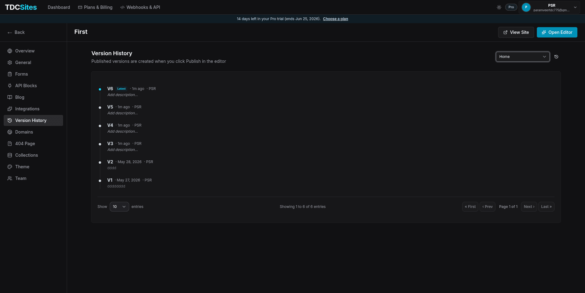 Site Version History