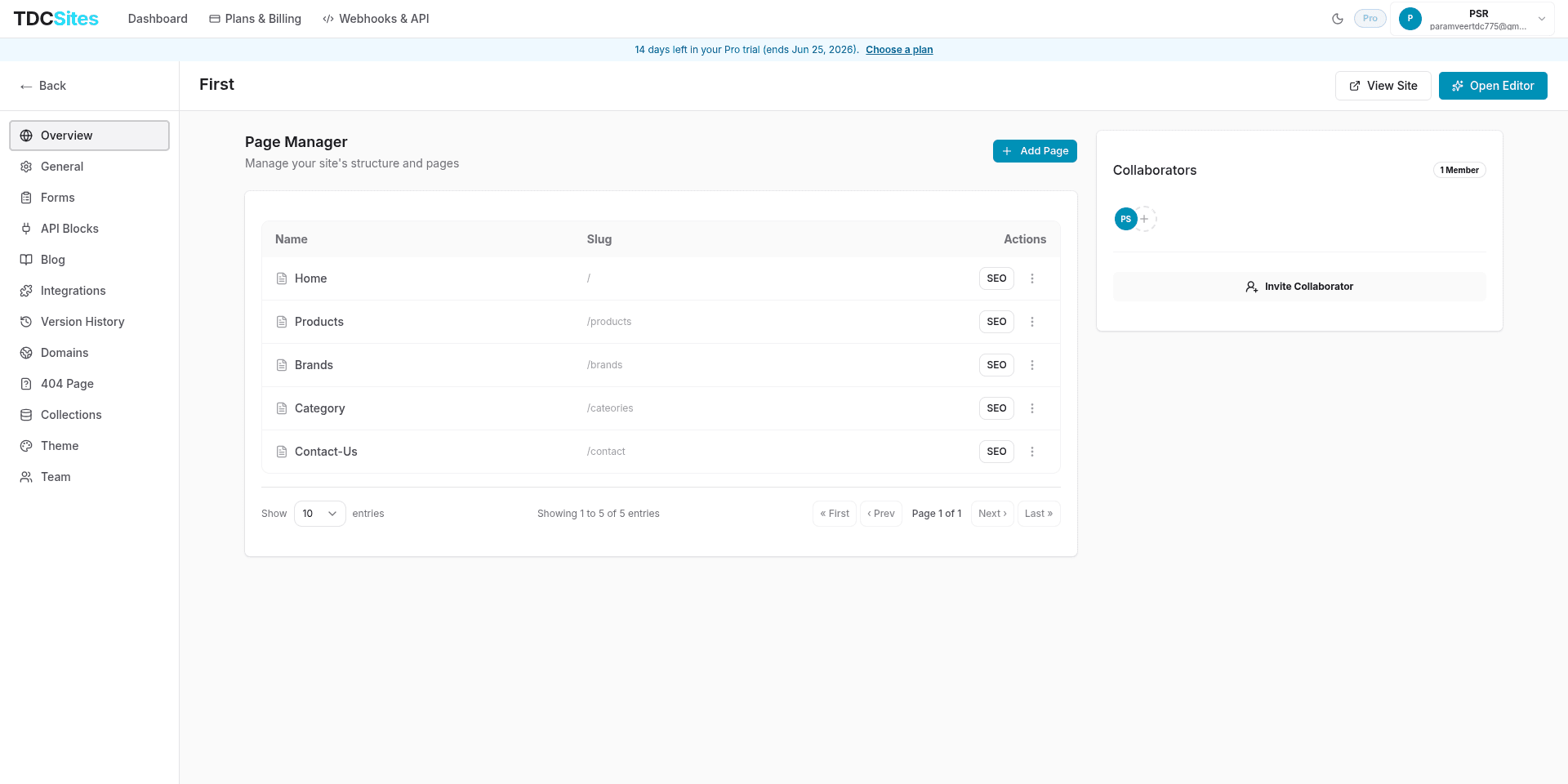 Site management page — Overview tab with Page Manager and Collaborators panel